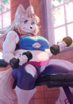  4_fingers anthro aruurara big_breasts blue_eyes blush bodily_fluids breasts canid canine cleavage clothed clothing dumbbell female fingers hair hi_res kemono long_hair mammal slightly_chubby snout solo sweat teeth under_boob weights white_hair 