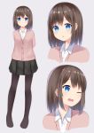  1girl :d blue_eyes brown_hair brown_legwear closed_mouth collared_shirt grey_skirt highres jacket kake_kan looking_at_viewer medium_hair multiple_views no_shoes one_eye_closed open_mouth original pantyhose parted_lips pink_jacket pleated_skirt school_uniform shirt simple_background skirt smile white_background white_shirt wing_collar 