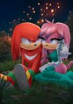  2020 anthro archie_comics black_nose breasts clothing dannyckoo detailed_background duo echidna female footwear grass julie-su knuckles_the_echidna male mammal monotreme night outside pink_body red_body shoes sitting smile sonic_the_hedgehog_(archie) sonic_the_hedgehog_(comics) sonic_the_hedgehog_(series) star tresertf 