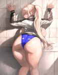 1girl against_wall ass backboob bent_over blue_swimsuit breasts competition_swimsuit curvy from_behind highres huge_breasts jacket kneepits long_hair looking_back one-piece_swimsuit original ponytail solo surutsu swimsuit thick_thighs thighs tile_wall tiles track_jacket white_hair 