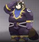  accessory anthro belly bodysuit brainwashing canid canine clothing erection genitals gesture headband hi_res live-a-hero male mammal omo_kemo penis raccoon_dog salute shoen skinsuit slightly_chubby solo spandex tanuki tenting tight_clothing villainous 