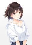  1girl breasts brown_eyes brown_hair highres looking_at_viewer medium_breasts nayuta69 original shirt shirt_tug short_hair simple_background smile solo upper_body white_background white_shirt 