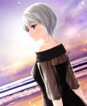  1girl bare_shoulders beach breasts commentary_request from_side light_smile looking_to_the_side medium_breasts nayuta69 original purple_eyes see-through_sleeves short_hair solo sunset white_hair 