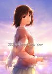  1girl 2020 brown_eyes brown_hair from_side happy_new_year highres looking_at_viewer nayuta69 new_year original pink_shirt shirt short_hair skirt smile solo upper_body yellow_skirt 