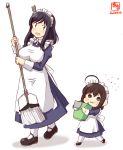 2girls :3 absurdres ahoge alternate_costume apron artist_logo black_footwear black_hair blue_eyes brown_hair bucket child commentary_request dated dress enmaided frilled_headband hair_ornament highres holding holding_mop kanon_(kurogane_knights) kantai_collection long_sleeves looking_at_another maid maid_apron maid_dress maid_headdress mary_janes mop multiple_girls open_mouth rag red_eyes shigure_(kantai_collection) shoes short_hair simple_background smile thighhighs walking white_apron white_background white_legwear yamashiro_(kantai_collection) younger 