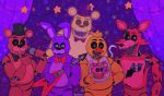  animatronic anniversary anthro avian beak bib bird black_sclera blood bodily_fluids bonnie_(fnaf) brown_body canid canine chica_(fnaf) chicken clothing cupcake_(fnaf) eyebrows female five_nights_at_freddy&#039;s fox foxy_(fnaf) freckles freddy_(fnaf) galliform gallus_(genus) golden_freddy_(fnaf) guitar hat headgear headwear holding_object hook lagomorph leporid machine male mammal moonixvi musical_instrument one_eye_closed open_mouth phasianid plate plucked_string_instrument purple_body rabbit red_body ribbons robot sharp_teeth standing string_instrument teeth ursid video_games white_eyes wink yellow_body yellow_eyes 