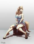  anthro blue_clothing clothed clothing equid equine female horn horse mammal pose quadrackss simple_background sitting solo stacy 