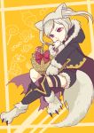  1girl absurdres animal_ears basket dated fake_animal_ears fire_emblem fire_emblem_awakening fire_emblem_heroes full_body gloves grima_(fire_emblem) highres holding long_hair long_sleeves nekko_donburi paw_gloves paws red_eyes robin_(fire_emblem) robin_(fire_emblem)_(female) solo tail twintails white_hair wolf_ears wolf_tail 