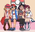  2boys 2girls antenna_hair ash_ketchum baseball_cap black_hair black_shorts blonde_hair blue_bow blue_eyes blue_footwear blue_vest blush boots bow brown_eyes brown_footwear chloe_(pokemon) coat dark_skin dark_skinned_male gen_4_pokemon goh_(pokemon) green_eyes grey_footwear grey_shirt hat heart looking_at_phone multiple_boys multiple_girls open_mouth phone pink_headwear pink_shirt poke_ball_symbol pokemon pokemon_(anime) pokemon_swsh_(anime) purple_hair purple_shorts red_coat rotom rotom_phone sara_bonetti school_uniform serena_(pokemon) shirt shoes shorts sitting sneakers thighhighs twitter_username upper_teeth vest 