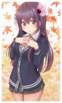  1girl alternate_costume autumn autumn_leaves blush breasts brown_hair cardigan eyebrows_visible_through_hair falling_leaves green_skirt grey_sweater hair_between_eyes highres kantai_collection kisaragi_(kantai_collection) leaf long_hair long_sleeves looking_at_viewer minakami_mimimi neckerchief open_mouth pleated_skirt purple_eyes ribbon school_uniform shirt skirt small_breasts solo sweater white_shirt 