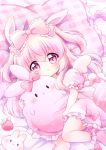  1girl animal_ears bed blush bow bunny_ears checkered chiika_(cure_cherish) child dress hair_bow highres long_hair lying object_hug on_back on_bed original pillow pink_bow pink_eyes pink_footwear pink_hair puffy_short_sleeves puffy_sleeves short_sleeves socks solo stuffed_animal stuffed_bunny stuffed_strawberry stuffed_toy two_side_up 