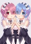  2girls bangs black_ribbon blue_eyes blue_hair blunt_bangs blush cheek-to-cheek detached_sleeves eyebrows_visible_through_hair eyes_visible_through_hair grey_background hair_over_one_eye hand_up highres holding_hands interlocked_fingers kake_kan long_sleeves looking_at_viewer maid maid_headdress multiple_girls neck_ribbon parted_lips pink_hair ram_(re:zero) re:zero_kara_hajimeru_isekai_seikatsu red_eyes rem_(re:zero) ribbon short_hair siblings simple_background sisters twins 