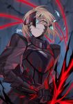  absurdres armor artoria_pendragon_(all) blonde_hair broken_armor broken_eyewear energy_sword highres looking_down md5_mismatch saber_alter seyana sword weapon yellow_eyes 