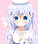  1girl angora_rabbit animal_on_head bangs bare_shoulders blue_eyes blue_hair blush bunny closed_mouth collarbone commentary_request eyebrows_visible_through_hair gaou gochuumon_wa_usagi_desu_ka? hair_between_eyes hair_ornament hand_up kafuu_chino long_hair looking_at_viewer off-shoulder_shirt off_shoulder on_head pink_background puffy_short_sleeves puffy_sleeves shirt short_sleeves smile tippy_(gochiusa) two_side_up upper_body white_shirt x_hair_ornament 