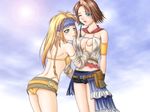  2girls ass blonde_hair bra braid breast_grab breasts brown_hair cousins final_fantasy final_fantasy_x final_fantasy_x-2 grabbing green_eyes incest large_breasts lingerie multiple_girls outdoors panties rikku squinting thong underwear yellow_bra yellow_panties yuna_(ff10) yuri 