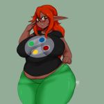  2018 anthro big_breasts blush breasts clothed clothing digital_media_(artwork) elf eyewear female freckles glasses hair hi_res humanoid long_hair looking_at_viewer masamaki nipples overweight red_hair simple_background smile solo thick_thighs venus_(nerdshark) voluptuous wide_hips 
