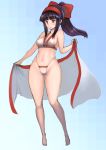  1girl adapted_costume bangs bare_arms bare_legs bare_shoulders barefoot bikini blunt_bangs bow breasts cameltoe cleavage collarbone covered_nipples full_body gradient gradient_background grey_eyes groin hair_bow high_ponytail highleg highleg_bikini highres johan_(johan13) legs_apart long_hair medium_breasts nakoruru navel ponytail purple_hair red_bow samurai_spirits sideboob skindentation solo swimsuit thighs white_bikini 