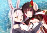  2girls animal_ears azur_lane bare_shoulders black_hairband breasts brown_eyes brown_gloves brown_hair bunny_ears cleavage commentary_request curled_horns eyebrows_visible_through_hair gloves grey_hair hairband horns in_water large_breasts long_hair multiple_girls schreibe_shura shimakaze_(azur_lane) small_breasts suruga_(azur_lane) 