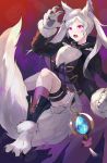 1girl animal_ears fake_animal_ears fire_emblem fire_emblem_awakening fire_emblem_heroes gimkamres04 gloves grima_(fire_emblem) highres long_sleeves open_mouth paw_gloves paws red_eyes robin_(fire_emblem) robin_(fire_emblem)_(female) solo tail twintails white_hair wolf_ears wolf_tail 