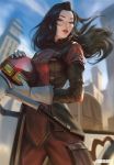  1girl artist_name asami_sato avatar_(series) black_hair blue_sky building city gloves headwear_removed helmet helmet_removed highres lipstick long_hair makeup parted_lips raidouart red_lipstick sky solo standing the_legend_of_korra 