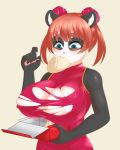  2020 4:5 5_fingers anthro areola asian_clothing big_breasts black_nose blush breast_expansion breasts clothing dodo_mpa dumplings east_asian_clothing expansion female fingers food food_in_mouth fur fur_growth giant_panda growth hair hi_res holding_object human_to_anthro looking_down mammal pawpads red_hair simple_background smile solo species_transformation surprise torn_clothing transformation ursid 