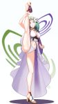  1girl absurdres breasts cleavage closed_mouth fire_emblem fire_emblem:_three_houses fire_emblem_heroes flexible flower full_body green_eyes green_hair hair_flower hair_ornament high_heels highres long_hair rhea_(fire_emblem) solo split standing standing_on_one_leg standing_split sukkirito_(rangusan) swimsuit white_swimsuit 