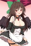  alternate_costume bird_wings black_wings blush bow breasts brown_hair cleavage detached_sleeves enmaided green_bow guard_vent_jun hair_bow highres large_breasts long_hair maid maid_dress nose_blush red_eyes reiuji_utsuho skirt_hold thigh_strap third_eye touhou very_long_hair wings 