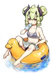  1girl alencia_(epic7) bikini bottle breasts collarbone double_bun drinking duck_innertube epic7 green_hair hair_between_eyes hair_bun hair_ornament horns innertube mamyommi midriff pink_eyes pointy_ears sarong sidelocks small_breasts stomach swimsuit water 