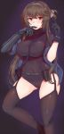  1girl asymmetrical_armor bangs belt belt_pouch between_breasts black_gloves black_legwear blue_jacket bodysuit bracer breasts brown_eyes brown_hair chinese_commentary finger_to_mouth folded_ponytail garter_straps gauntlets girls_frontline gloves hair_ribbon hairband hand_up highres jacket large_breasts leotard long_hair looking_at_viewer navel off-shoulder_jacket pao_mian+dan pointing pointing_up pouch ribbon short_hair_with_long_locks skindentation smile solo starry_background strap_between_breasts swept_bangs thighhighs thighs tsurime type_79_(girls_frontline) very_long_hair white_ribbon 