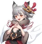  1girl :d absurdres animal_ears azema azur_lane bangs brown_eyes commentary eyebrows_visible_through_hair fangs fur-trimmed_sleeves fur_trim grey_hair highres japanese_clothes kimono long_sleeves looking_at_viewer mask mask_on_head nail_polish pink_nails pleated_skirt red_skirt simple_background skirt smile solo steepled_fingers suzutsuki_(azur_lane) teeth upper_teeth white_background white_kimono wide_sleeves 