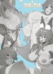  1boy 1girl absurdres animal_ear_fluff areolae bangs blush breast_grab breasts fang fate/extra fate_(series) food food_on_breasts fox_girl grabbing grabbing_from_behind greyscale highres ice_cream large_breasts light_blue_background long_hair monochrome multiple_views nipples nude oki_asari simulated_fellatio skin_fang smile suggestive_fluid tamamo_(fate)_(all) tamamo_no_mae_(fate) 