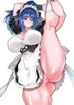  1girl alternate_costume arm_up bangs blue_eyes blue_hair breasts censored flexible hair_ribbon heart heart_censor highres leg_lift leg_up legs leona_heidern long_hair long_sleeves maid maid_headdress medium_breasts pink_background ponytail red_eyes ribbon serious simple_background snk_heroines:_tag_team_frenzy solo split standing standing_on_one_leg standing_split the_king_of_fighters thighhighs wtwinmkii2nd 