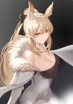  1girl absurdres animal_ear_fluff animal_ears arknights bangs bare_shoulders black_background black_bow blemishine_(arknights) blonde_hair bow breasts chinese_commentary chong_(547342983) cleavage commentary_request fur_trim gradient gradient_background grey_background hair_between_eyes hair_bow highres large_breasts long_hair looking_at_viewer partial_commentary smile solo upper_body yellow_eyes 