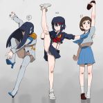  3girls black_hair blue_eyes blue_panties blue_skirt bob_cut boots breasts brown_eyes brown_footwear brown_hair commentary_request epaulettes failure falling grey_background groin_tendon high_collar high_heels highlights highres hirundo_rustica holding holding_shoes kill_la_kill kiryuuin_satsuki korean_commentary leg_lift leg_up long_hair mankanshoku_mako matoi_ryuuko meme midriff multicolored_hair multiple_girls navel panties pantyshot pleated_skirt red_hair school_uniform serafuku shoes short_hair simple_background single_shoe skirt smile sneakers socks speed_lines split standing standing_on_one_leg standing_split streaked_hair striped striped_panties suspenders thigh_boots thighhighs underboob underwear upskirt white_legwear white_panties you&#039;re_doing_it_wrong 