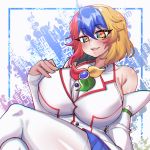  1girl blush breasts google_chrome_(merryweather) large_breasts merryweather multicolored multicolored_eyes multicolored_hair open_mouth osiimi shiny shiny_clothes shiny_hair shiny_legwear shiny_skin smile thick_thighs thighhighs thighs tight 
