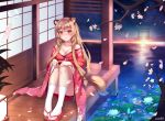  1girl absurdres animal_ears breasts brown_hair cherry_blossoms closed_mouth dahe_zhuang_(yishi_fanhua) flower hair_flower hair_ornament highres japanese_clothes large_breasts lily_pad looking_at_viewer raccoon_ears raccoon_tail raphtalia sandals sitting smile solo tail tate_no_yuusha_no_nariagari water 