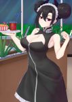  1girl agent_(girls_frontline) armpits asymmetrical_hair black_dress black_hair booth breasts bush cable cleavage cleavage_cutout closed_mouth clothing_cutout collar crazy_straw cup diner double_bun dress drinking_straw girls_frontline gravel hair_ornament heart_straw highres holding holding_tray indoors looking_at_viewer maid_headdress medium_breasts mixed-language_commentary pao_mian+dan partition placard red_eyes restaurant sangvis_ferri sidelocks sign solo table tray waitress 