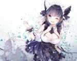  1girl absurdres aqua_eyes azur_lane blush breasts cheshire_(azur_lane) cleavage detached_sleeves dress eyebrows_visible_through_hair fang frilled_hairband frilled_headband frilled_ribbon frills hairband highres lace_trim large_breasts long_ribbon looking_at_viewer maid_dress maid_headdress multicolored_hair noyu23386566 one_eye_closed open_mouth puffy_detached_sleeves puffy_sleeves purple_apron ribbon skin_fang smile solo streaked_hair wrist_cuffs 