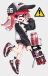  1girl bangs baseball_cap black_headwear black_jacket black_nails black_shorts blaster_(splatoon) blunt_bangs commentary dolphin_shorts domino_mask ear_clip eyebrows_visible_through_hair fang floating from_side grey_background hat holding holding_weapon inkling jacket long_hair long_sleeves looking_at_viewer maco_spl mask nail_polish no_legwear open_mouth pointy_ears print_headwear raglan_sleeves red_eyes red_hair shoes short_shorts shorts sign simple_background smile sneakers solo sparkle splatoon_(series) splatoon_2 tentacle_hair warning_sign waving weapon white_footwear 