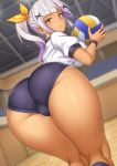  1girl ass ass_focus ball bangs blue_shorts blunt_bangs braid breasts buruma commentary_request dana_(yasojima_nejiro) fingernails gym gym_uniform hair_ornament hair_ribbon highres holding holding_ball indoors large_breasts leaning_forward light_purple_hair looking_at_viewer looking_back orange_eyes original parted_lips ribbon shiny shiny_skin shirt shorts solo sweatdrop tan taut_clothes taut_shorts thick_thighs thighs volleyball white_shirt wooden_floor wristband x_hair_ornament yasojima_nejiro 