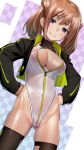  1girl :3 alice_gear_aegis brown_hair cameltoe closed_mouth commentary_request eyebrows_visible_through_hair hands_on_hips highres jacket kimikage_yui leggings leotard purple_eyes sasayuki skindentation smile solo twintails 