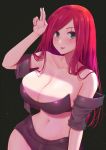  1girl bandeau bare_shoulders black_background black_jacket blush breasts cleavage collarbone cowboy_shot green_eyes hair_flowing_over hand_up highres huge_breasts jacket katarina_du_couteau league_of_legends looking_at_viewer mixed-language_commentary navel off-shoulder_jacket pao_mian+dan red_hair scar scar_across_eye short_shorts shorts solo starry_background thighs tongue tongue_out v wide_hips 