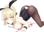  1girl absurdres all_fours animal_ears artoria_pendragon_(all) ass bangs bare_shoulders black_leotard blonde_hair blush braid breasts bunny_ears bunny_tail cleavage closed_eyes detached_collar fate/stay_night fate_(series) fishnet_legwear fishnets french_braid fuwatoromonta highleg highleg_leotard highres leotard long_hair looking_at_viewer medium_breasts playboy_bunny saber_alter sidelocks simple_background strapless strapless_leotard tail white_background wrist_cuffs yellow_eyes 