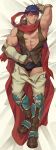  1boy abs alejandro_tio arm_up bara bare_chest bed_sheet blue_eyes blue_hair bulge cape chest commission dakimakura fire_emblem fire_emblem:_radiant_dawn full_body gloves headband highres ike_(fire_emblem) looking_at_viewer male_focus muscle nipples one_eye_closed open_pants pants red_cape shoes short_hair smile solo thighs undressing 