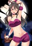  1girl ;d animal_ears arm_up armpits ashigara_(kantai_collection) bangs bare_shoulders blush breasts brown_eyes brown_hair choker cleavage collarbone commentary_request cosplay cowboy_shot detached_sleeves eyebrows_visible_through_hair fang full_moon groin hair_between_eyes hairband highres kantai_collection kemonomimi_mode large_breasts long_hair looking_at_viewer mew_zakuro mew_zakuro_(cosplay) midriff moon navel night night_sky one_eye_closed open_mouth puffy_detached_sleeves puffy_sleeves purple_choker purple_shorts short_shorts shorts sidelocks sky smile solo standing strapless tail tokyo_mew_mew tubetop wavy_hair white_hairband wolf_ears wolf_tail wristband yasume_yukito 