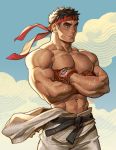  1boy abs alejandro_tio bara bare_chest black_hair boxing_gloves chest cloud cloudy_sky cowboy_shot crossed_arms hadouken headband highres male_focus muscle navel ryuu_(street_fighter) shirtless short_hair shouryuuken sky solo street_fighter street_fighter_ii_(series) sweat uppercut yellow_eyes 