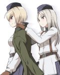  2girls adelheid belt blonde_hair blue_eyes brown_eyes coat garrison_cap gloves grin hanna_rudel hat highres kaneko_(novram58) load_bearing_equipment low_ponytail military military_uniform multiple_girls pouch scar silver_hair simple_background smile strike_witches uniform white_background world_witches_series 