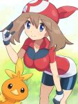  1girl bangs bike_shorts blue_eyes breasts brown_hair closed_mouth commentary_request eyelashes gen_3_pokemon gloves hair_between_eyes hand_on_own_knee hand_up highres leaning_forward looking_at_viewer may_(pokemon) pokemoa pokemon pokemon_(anime) pokemon_(creature) pokemon_rse_(anime) red_bandana red_shirt shirt short_sleeves smile starter_pokemon torchic 