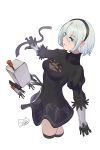  1girl absurdres android black_blindfold black_gloves black_hairband black_legwear blindfold blindfold_removed blue_eyes breasts cleavage collarbone covered_collarbone gloves grey_hair hair_between_eyes hairband highres mole mole_under_mouth nier_(series) nier_automata parted_lips pod_(nier_automata) puffy_sleeves robot see-through shiny shiny_hair short_hair signature simple_background thighhighs turtleneck white_background yorha_no._2_type_b ziddol 