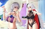  2girls absurdres arrow_(symbol) azur_lane bikini black_flower black_rose black_swimsuit breasts choker clothing_cutout coat coat_on_shoulders cross-laced_bikini_top earrings flower fur-trimmed_coat fur_trim graf_zeppelin_(azur_lane) graf_zeppelin_(beachside_urd)_(azur_lane) hair_between_eyes hair_flower hair_ornament hat highres jewelry large_breasts large_hat long_hair mchiefy medium_hair multiple_girls navel_cutout one-piece_swimsuit purple_bikini purple_choker purple_eyes recycle_bin recycling_symbol red_eyes reno_(azur_lane) reno_(summer_spin-off)_(azur_lane) rose sagging_breasts see-through sun_hat swimsuit taut_clothes taut_swimsuit very_long_hair white_hair wrist_straps 